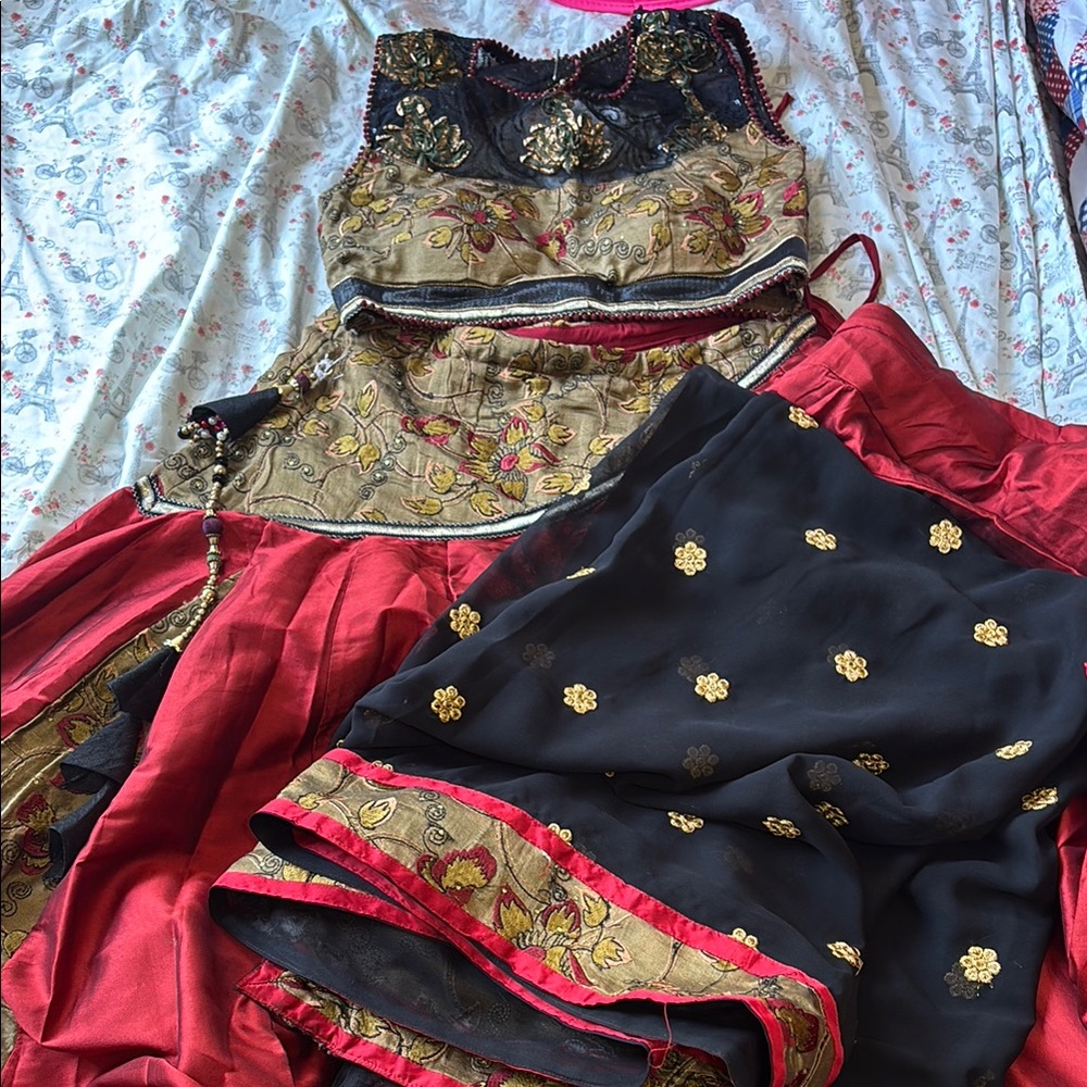 Elegant Red and Black Embroidered Lehenga